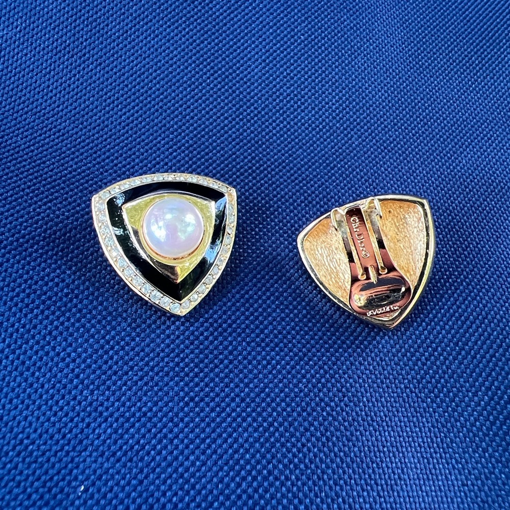Vintage Dior Signed‎ Black Enamel, Pearl, Crystal Shield Clip on earrings